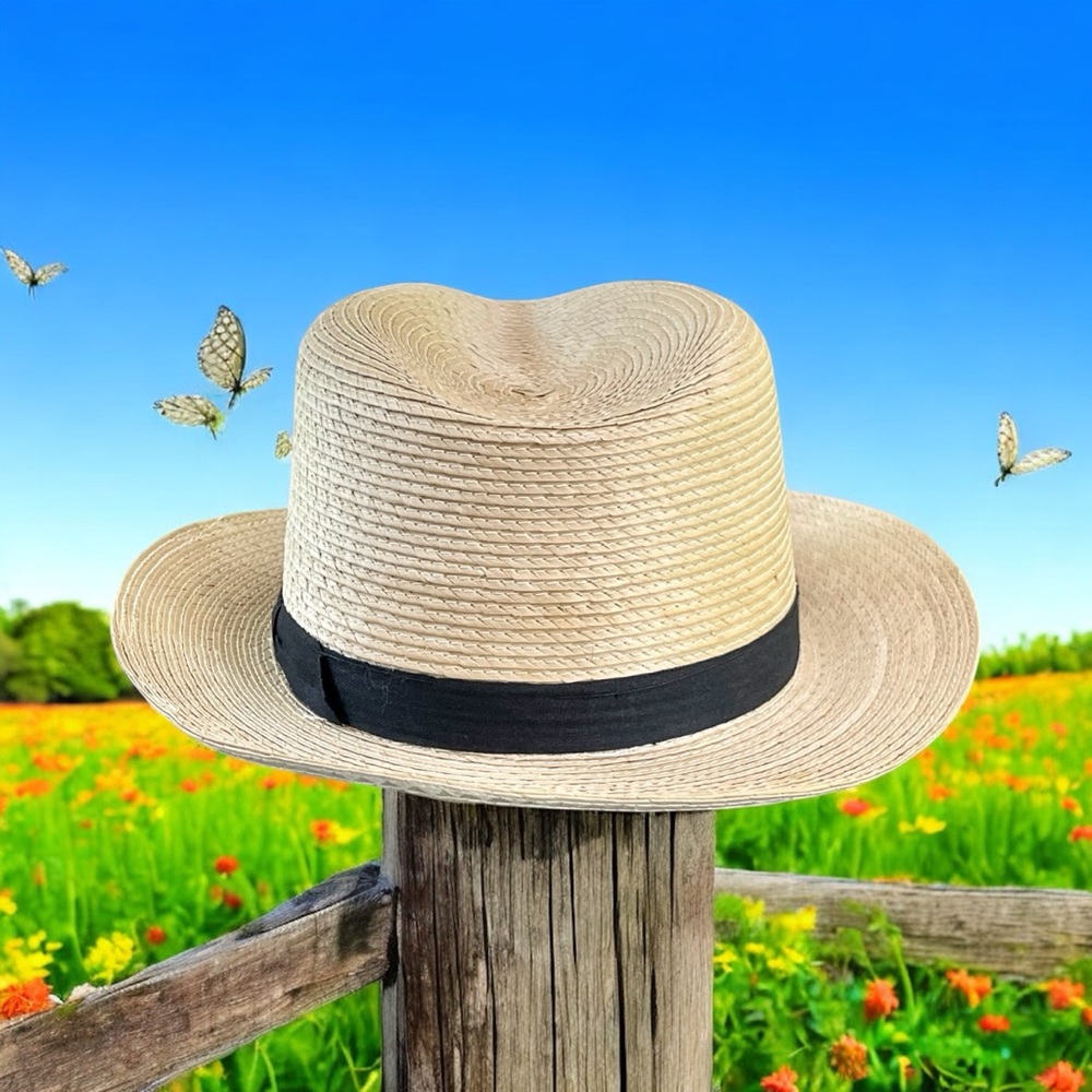 Classic Straw Fedora Hat with Black Band - Natural